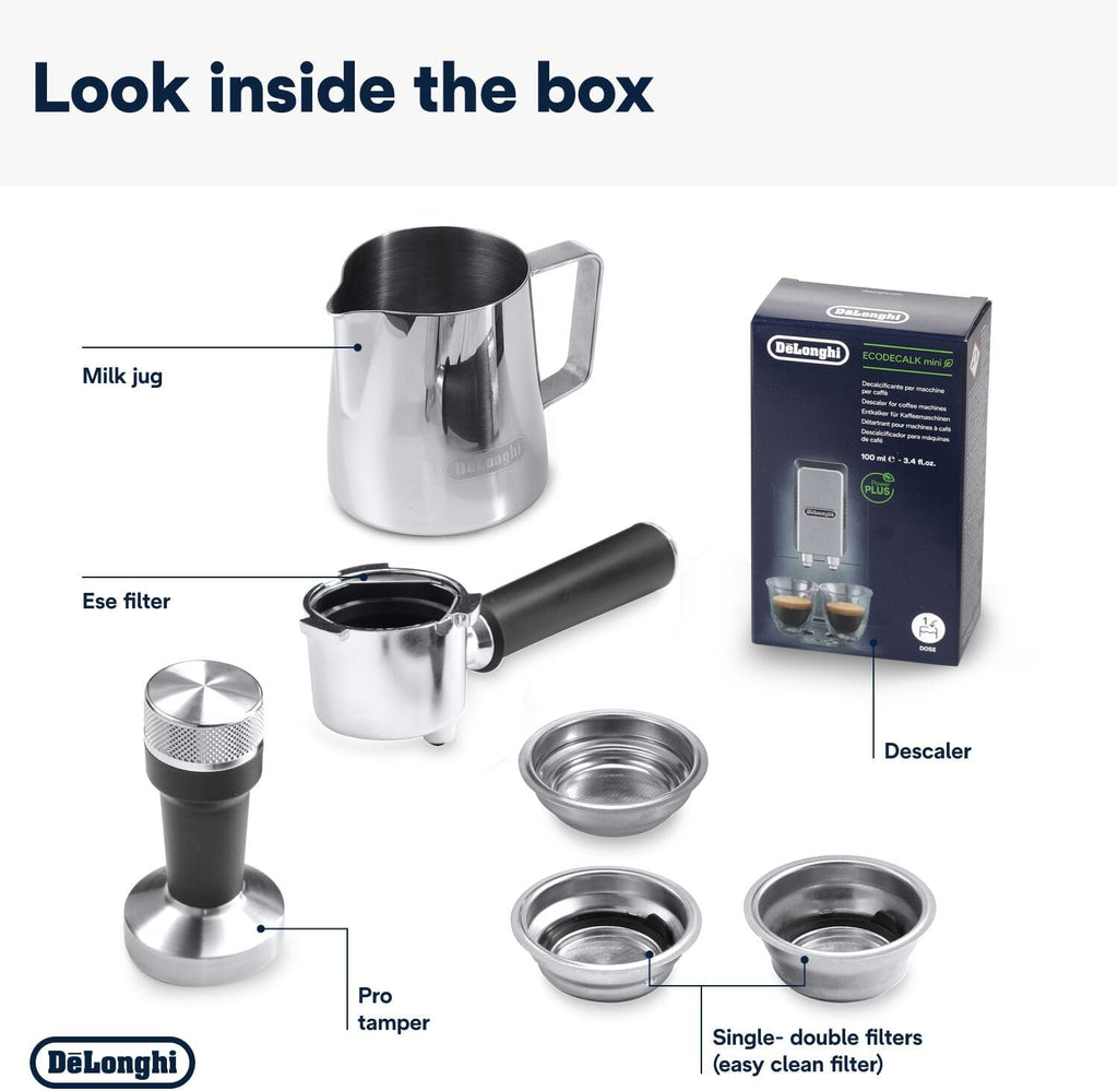 De'Longhi Dedica Style EC 685.M â€?Espresso Siebtrgermaschine, Espressomaschine mit professionellem Milchaufschumer, nur 15 cm breit, für Kaffeepulver oder ESE Pads, 1 l Wassertank, silber