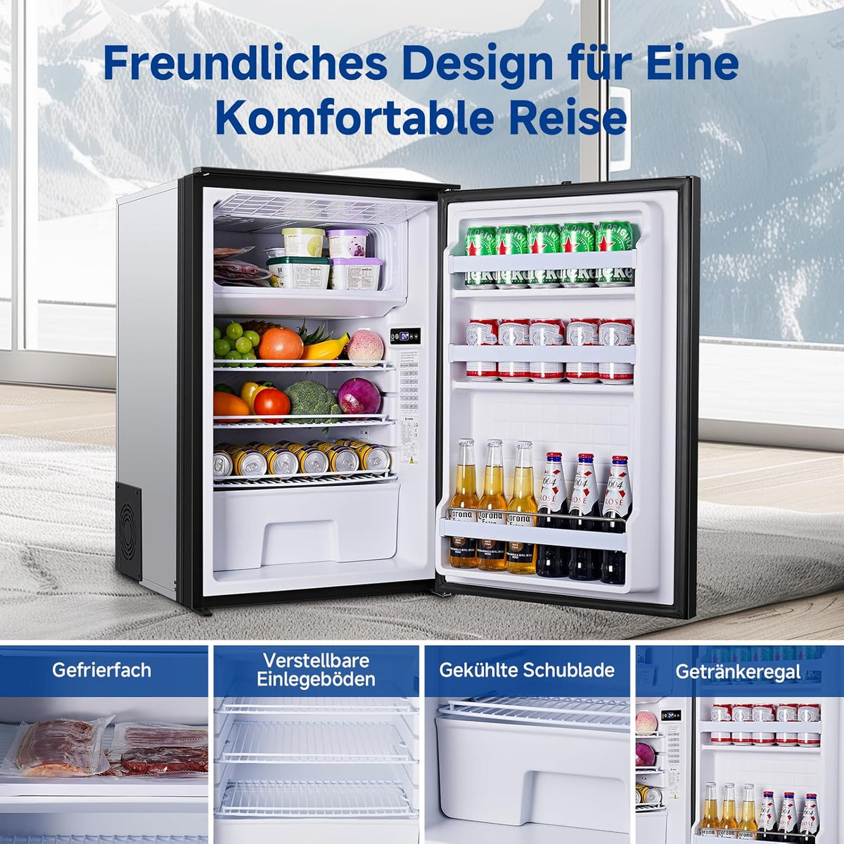 AAOBOSI 110L Kompressor Kühlbox, Zwei Temperaturzonen, Wohnmobil Kühlschrank mit LED-Leuchten, 12/24V DC, Großem Fassungsvermögen Kühlbox Auto, bis -15â„?für Auto, Wohnmobile, Boote, Camping und Reisen
