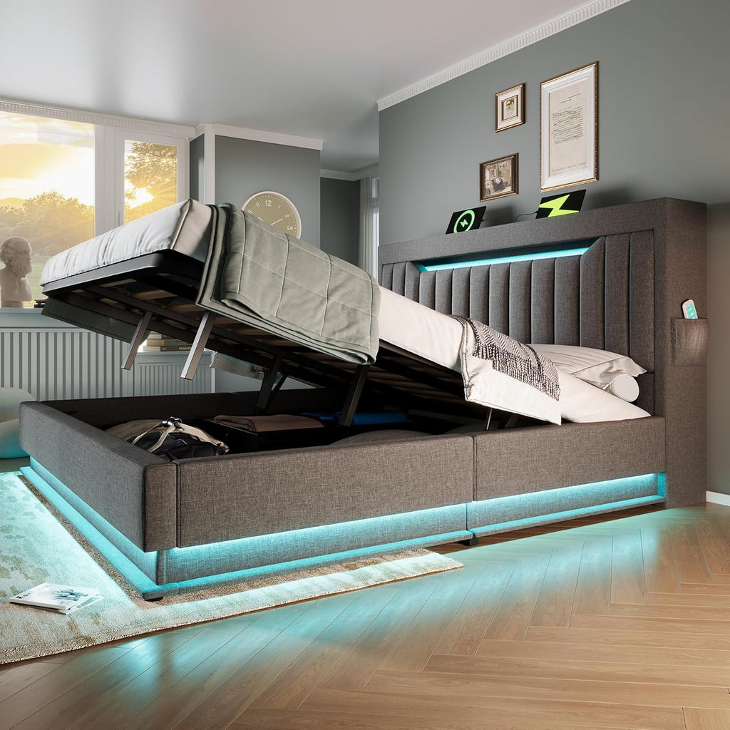 Polsterbett 140x200 cm, Stauraum-Kopfteil mit USB- und Typ-C Ladefunktion, Doppelbett mit Hydraulischem Stauraum, Bettgeltell mit LED und Lattenrost, Leinen, Grau, ohne Matratze