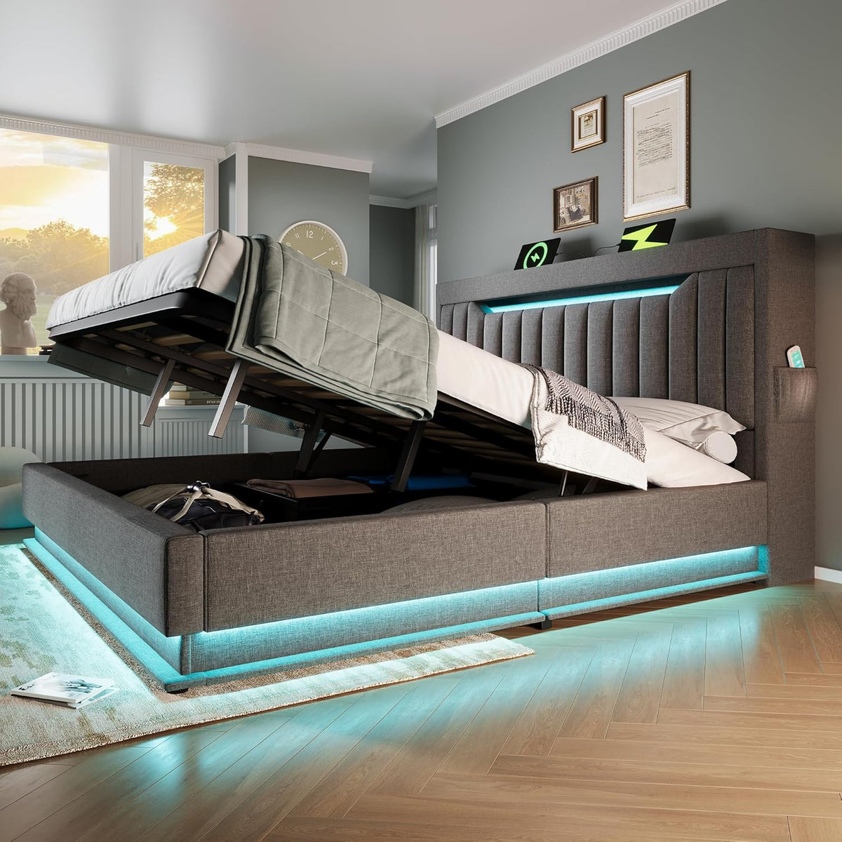 Polsterbett 140x200 cm, Stauraum-Kopfteil mit USB- und Typ-C Ladefunktion, Doppelbett mit Hydraulischem Stauraum, Bettgeltell mit LED und Lattenrost, Leinen, Grau, ohne Matratze