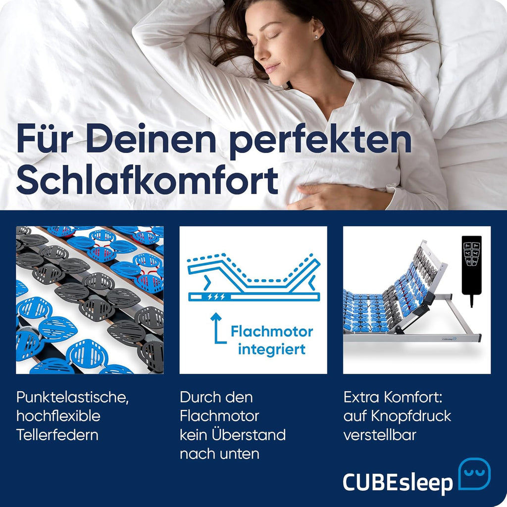 CubeSleep 7-Zonen Tellerfeder-Lattenrost Cloud 90x200 cm | Kopf- und Fußteil elektrisch verstellbar | Made In Germany | GS Zertifiziert â€?geprüfte Sicherheit | fertig montiert