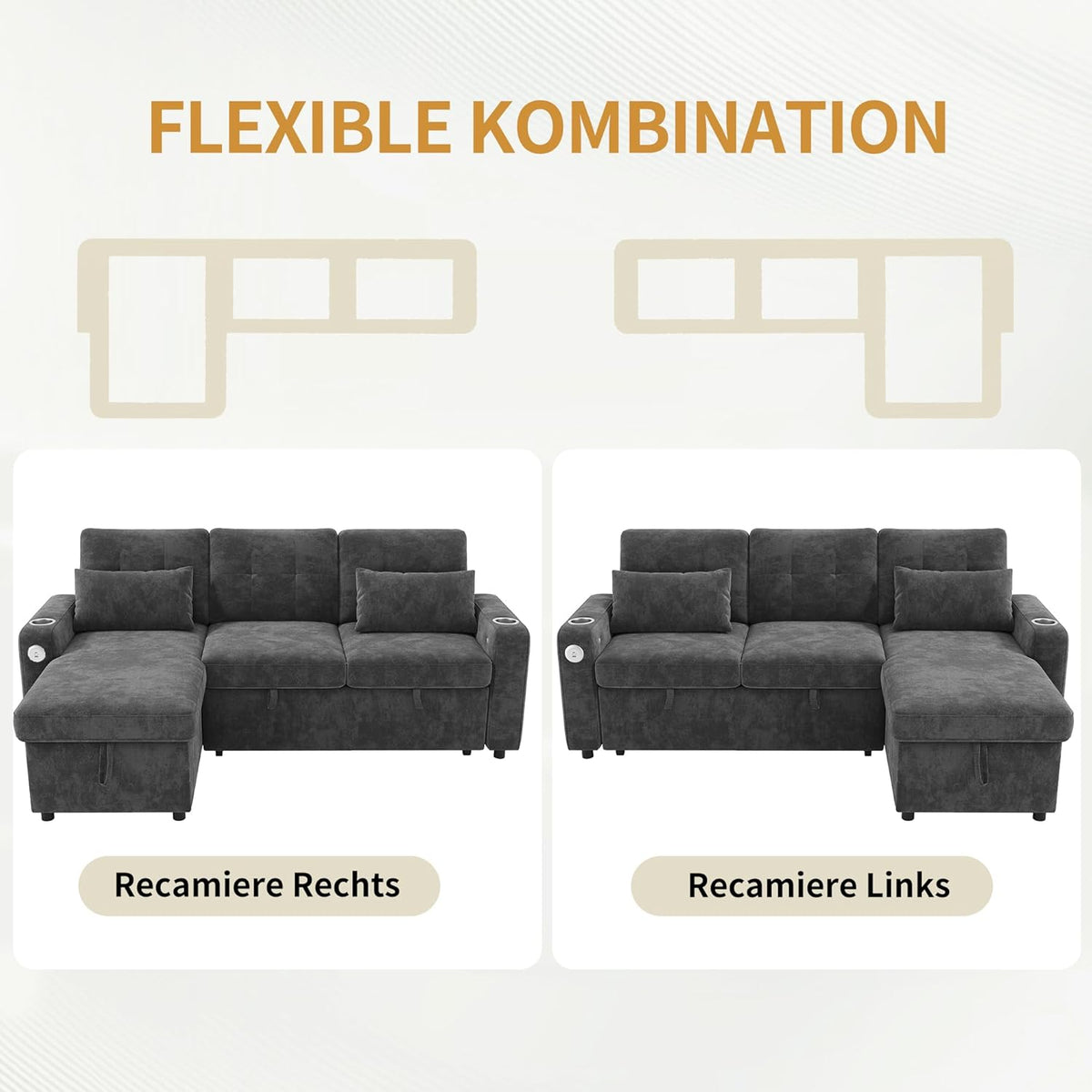 Merax Sofa Ecksofa mit Schlaffunktion und Bettkasten, Praktisches Schlafsofa mit Stauraum, LED-Beleuchtung, USB/Typ-C und 2 Getränkehalter, Ausziehbares Schlafcouch L-Form, Chenille Stoff, Grau