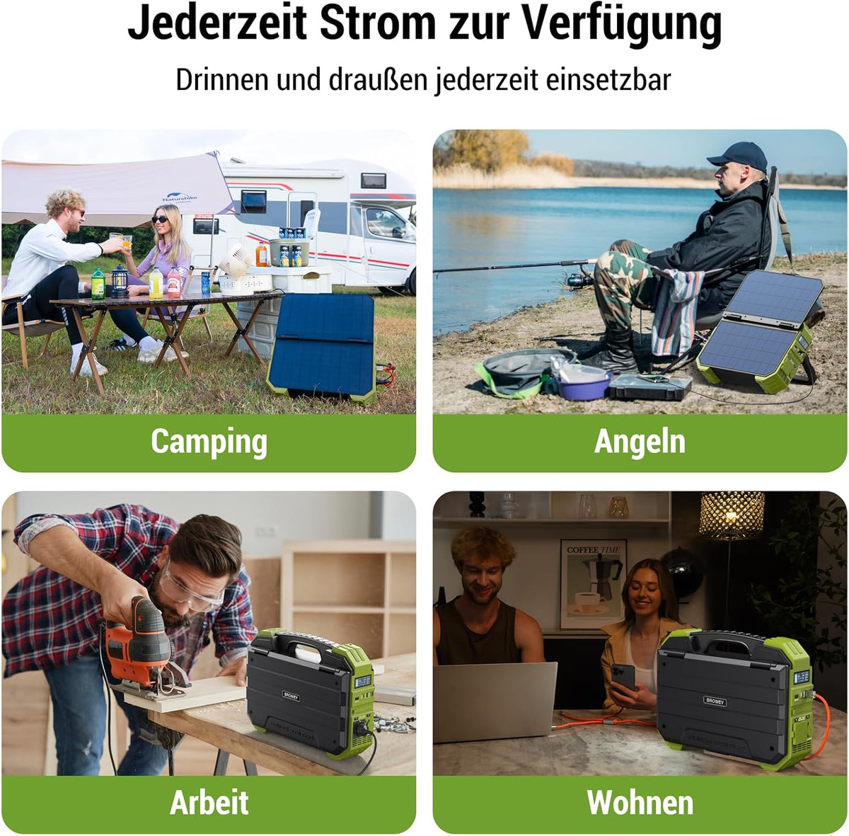 BROWEY Tragbare Power Station mit Solarpanel, 12-40W eigenes Solarladepanel, 614WH, 1000W Nennleistung, 2000W Spitzenleistung Solargenerator für Outdoor-Camping, Caravaning und Notfallvorbereitungen.