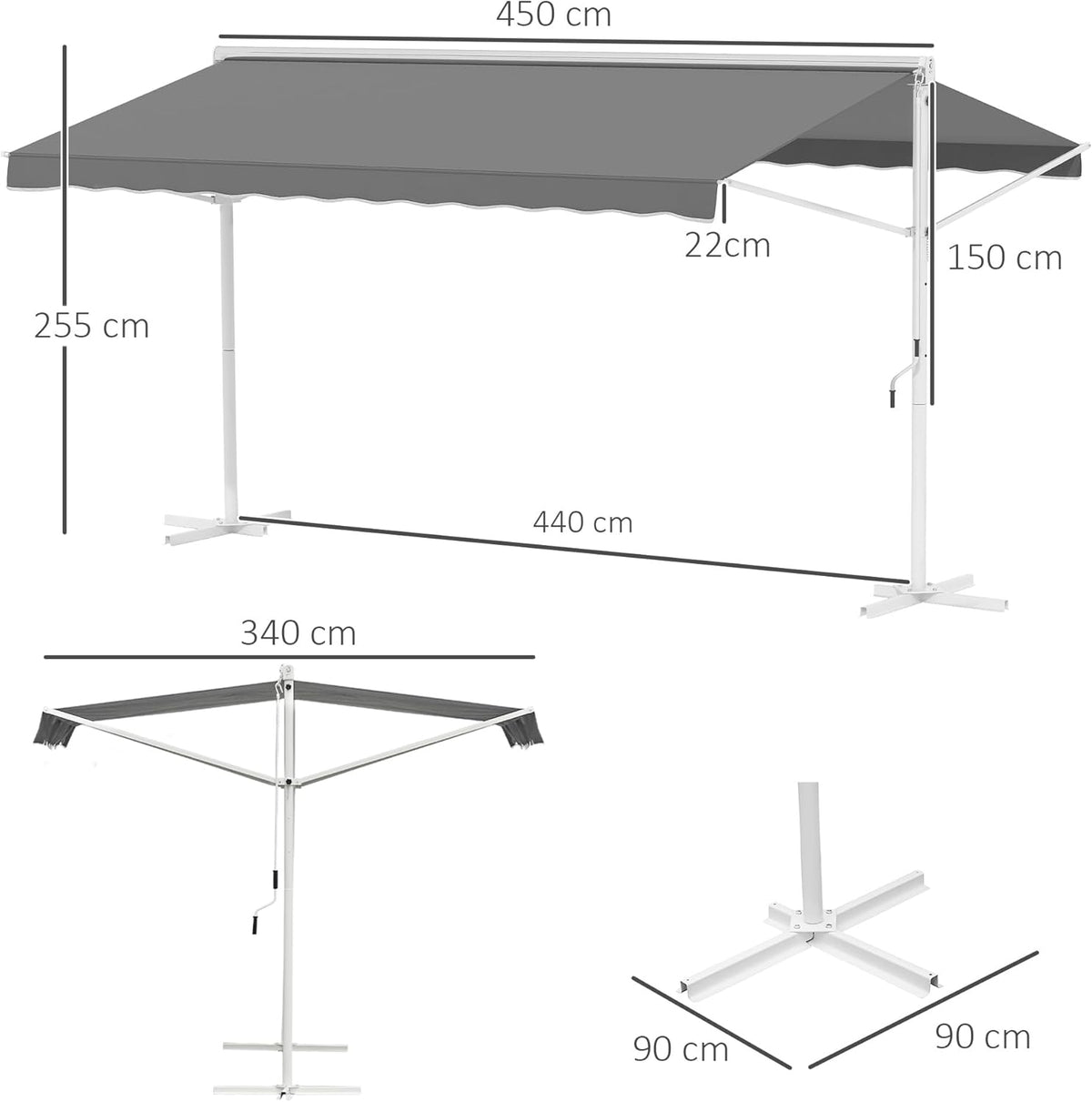 Outsunny Standmarkise Markise 4,5 x 3,4m Terrassenüberdachung Gartenmarkise mit Faltarm Kurbel Terrasse Grau Alu Metall