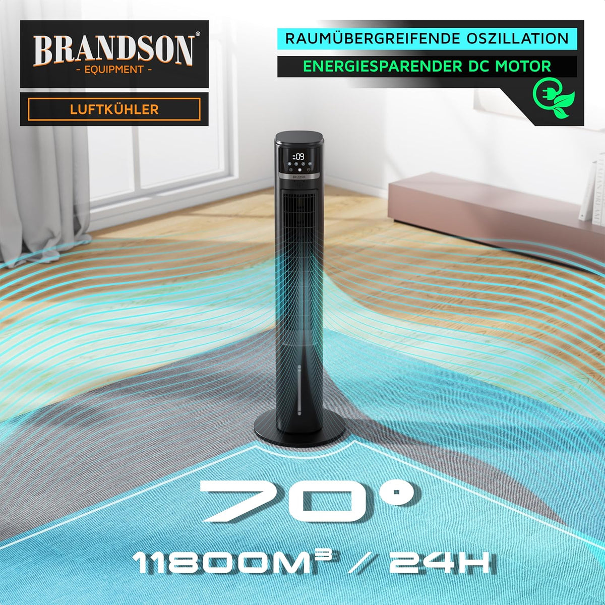 Brandson â€?mobiler Luftkühler mit Wasserkühlung im ECO Design - DC Motor sehr leise - 60% Energieeinsparung - Sieger Ventilatoren und Luftkühler 2026 - Turmventilator â€?Oszillation â€?Ion Funktion