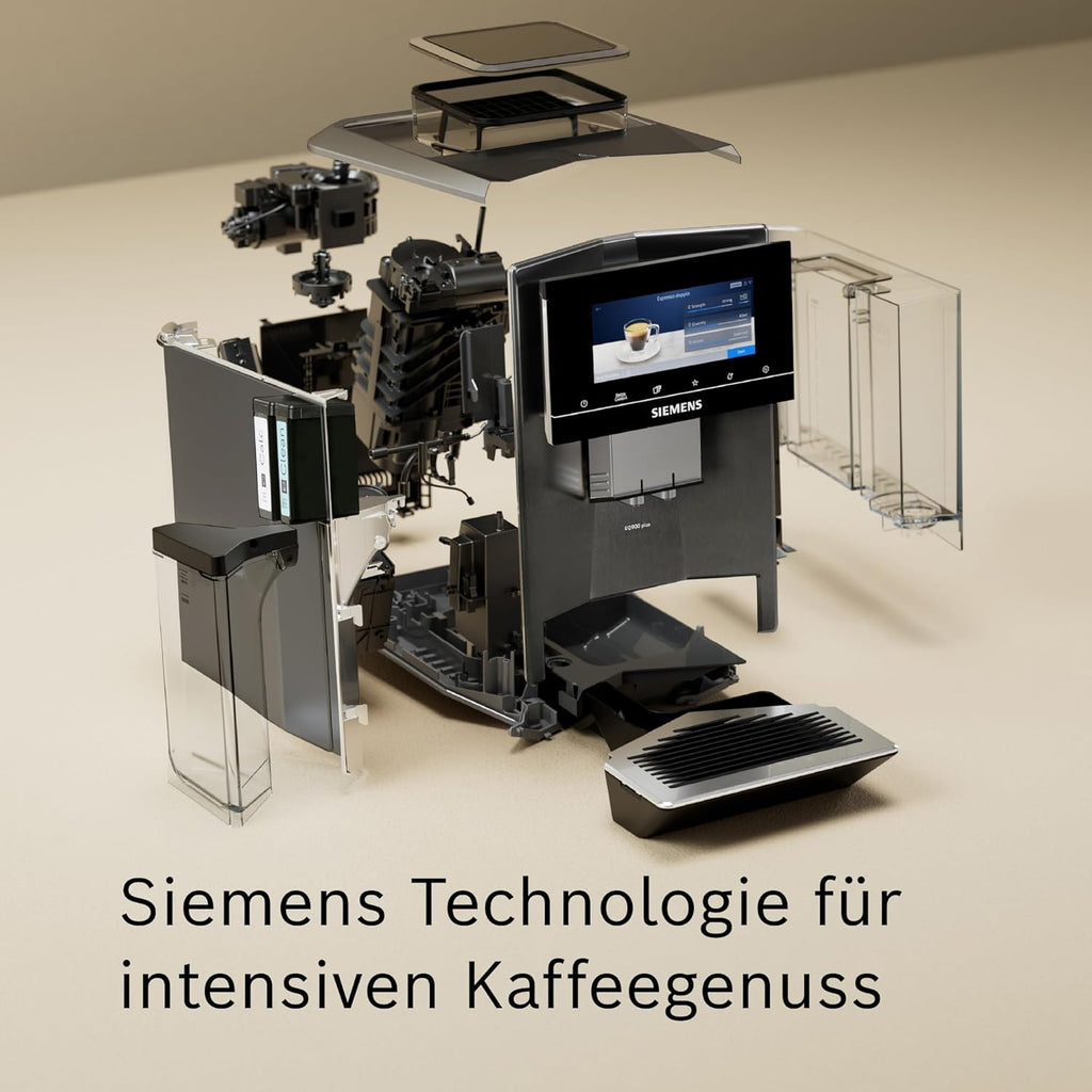 Siemens Kaffeevollautomat EQ900 plus TQ905DZ3, 36 internationale Kaffeespezialitäten, individueller Mahlgrad, App-Steuerung, großes Full-Touch-Display, Edelstahl
