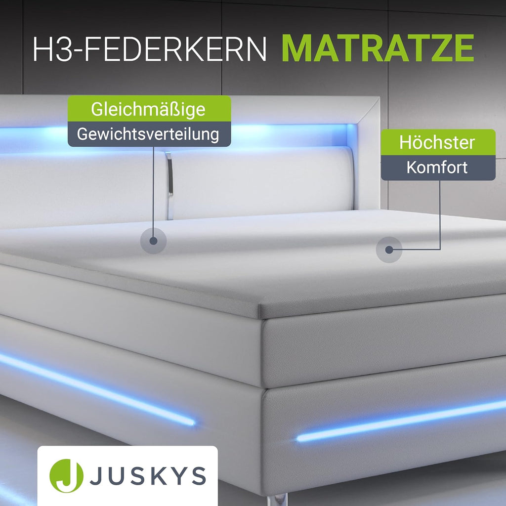 Juskys Boxspringbett Norfolk 180x200 cm - LED Beleuchtung, Bonell Matratze & Topper - 66 cm Komforthöhe - weiß - Bett Doppelbett Polsterbett
