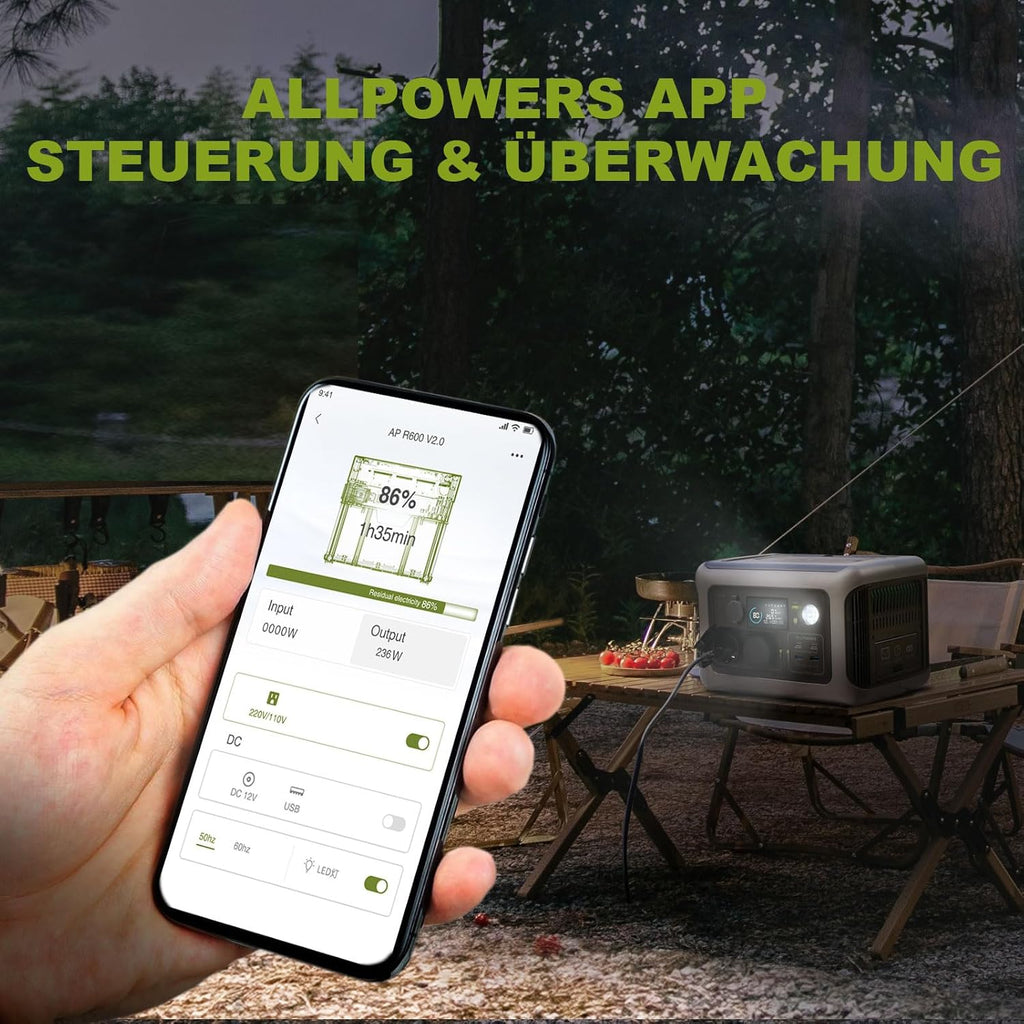 ALLPOWERS R600 Solargenerator, 2x 600W (1200W Spitze) AC Ausgang Tragbare Powerstation mit 2x 100W Solarpanel, 299WH LiFePO4 Batterie, Mobile Stromversorgung für Garten Reise Camping Wohnmobil Notfall