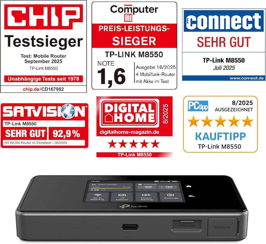 TP-Link M8550 5G LTE Mobiler WLAN Router â€?Bis zu 3,4 Gbit/s, Tri-Band Wi-Fi 6E, Nano-SIM-Karten Slot, Gigabit WAN/LAN, 4680 mAh Akku, Touchscreen, Wireguard, bis zu 32 Geräte