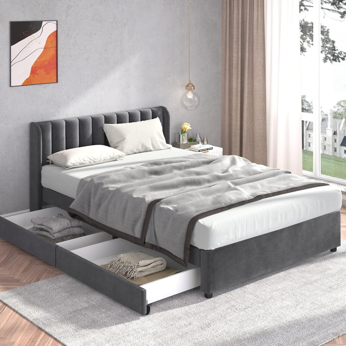 Polsterbett Doppelbett 140x200 cm, Bett mit 2 Stauraum Schubladen und Lattenrost aus Holz, Stauraumbett Bettgestell mit Metallrahmen, Samt, Grau (Ohne Matratze)