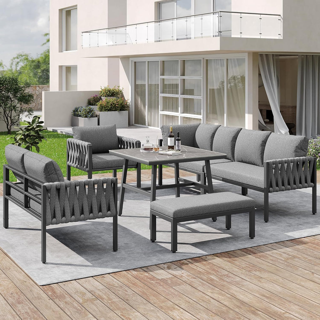 Merax Gartenmöbel Set 8-9 Personen, Sitzgruppe Gartenlounge Set mit Kissen & Tisch, Outdoor Ecksofa-Set aus verzinktem Eisen, handgeflochten dickem Seil, Essgruppe für Garten Balkon Terrasse, Grau