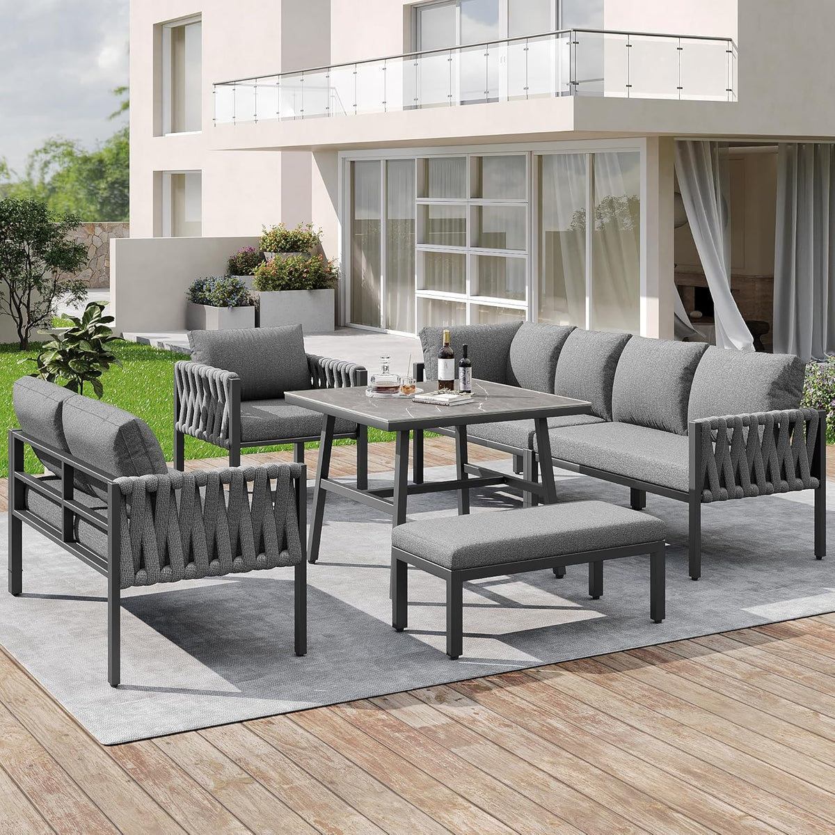 Merax Gartenmöbel Set 8-9 Personen, Sitzgruppe Gartenlounge Set mit Kissen & Tisch, Outdoor Ecksofa-Set aus verzinktem Eisen, handgeflochten dickem Seil, Essgruppe für Garten Balkon Terrasse, Grau