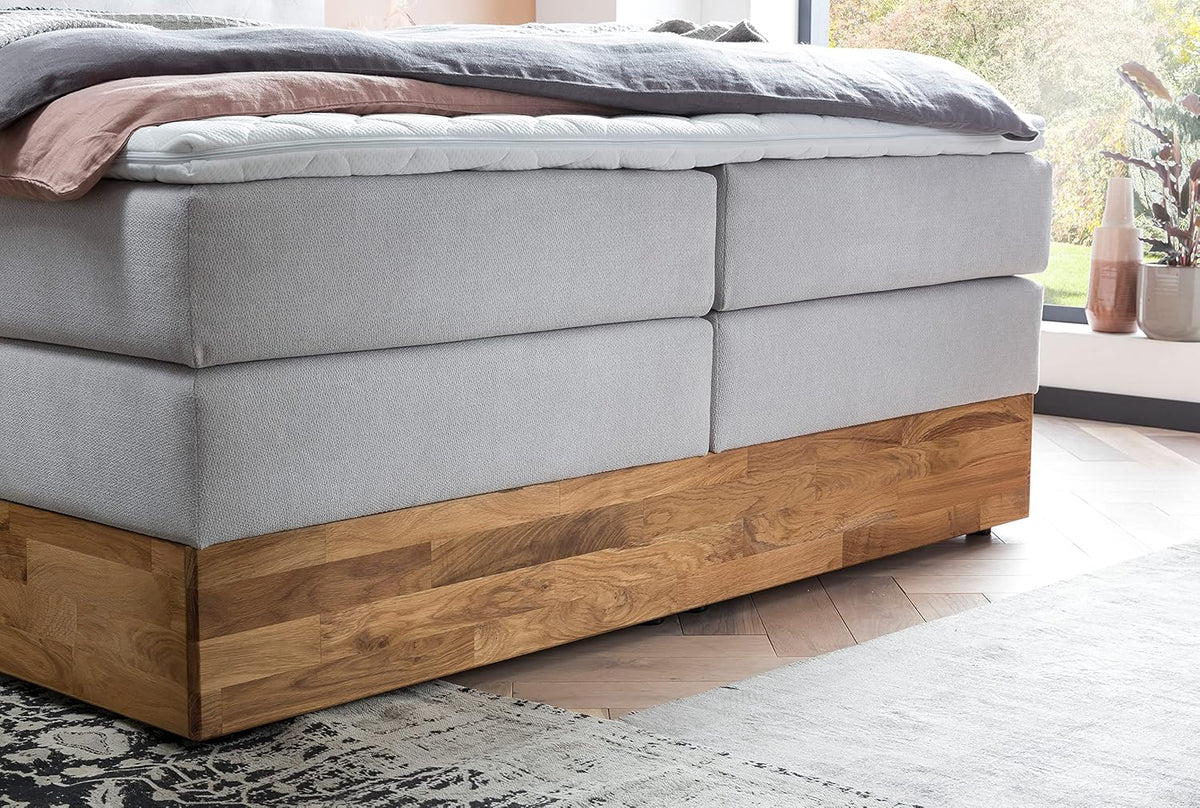 Belanoti MARBO Boxspringbett 180x200 mit Bettkasten 7-Zonen Taschenfederkern Matratze inklusive Visco Topper Bett 180x200 Eiche in der Farbe Weissgrau H2/H3 Polsterbett mit Massivholz Eiche
