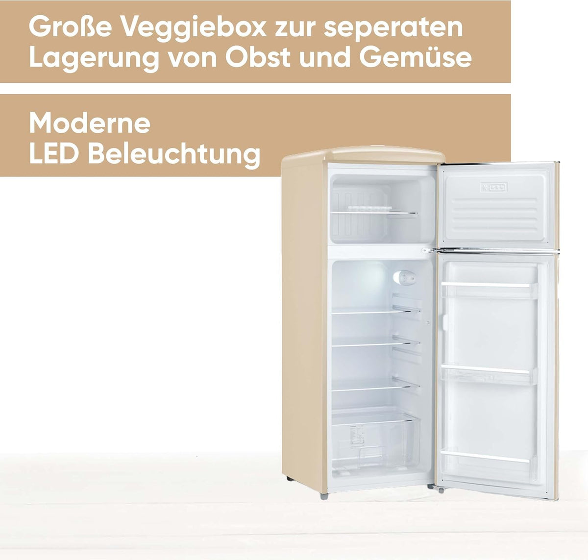 SEVERIN Retro - Kühl-/ Gefrierkombination, platzsparendes Raumwunder, 4 x höhenverstellbare Abstellflächen und eine große Veggiebox, 206 L Nutzinhalt, creme, RKG 8933