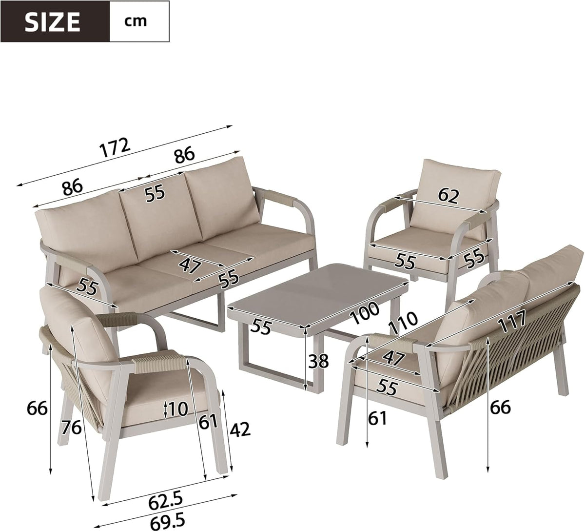 Gartenmöbel Set Lounge Möbel Outdoor für 7 Personen, Terrassenmöbel Balkon Möbel Set mit Gartensofa und Couchtisch, Sitzgruppe Outdoor Gartenlounge Set mit Sitzkissen, Verzinktem Eisen, Beige