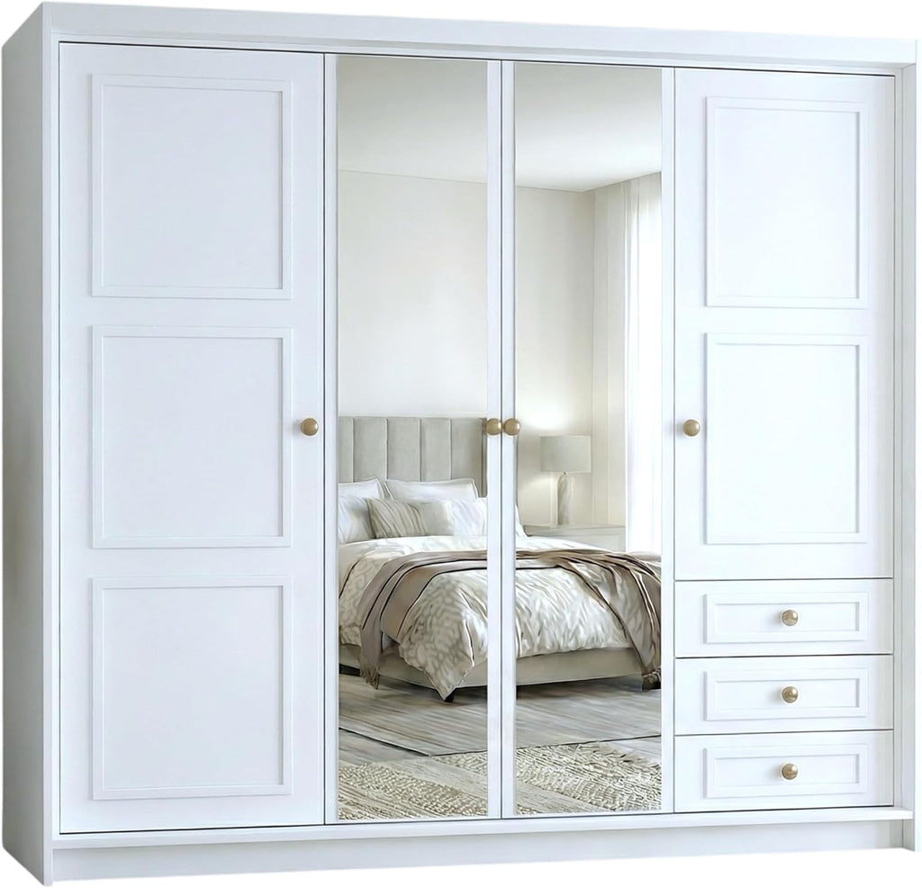 A und J MöbelLand Oslo Kleiderschrank 4-türig mit 3 Schubladen - 200 x 215 cm - Drehtürenschrank mit Kleiderstange und Einlegeböden, Modernes Design mit Metallgriffen