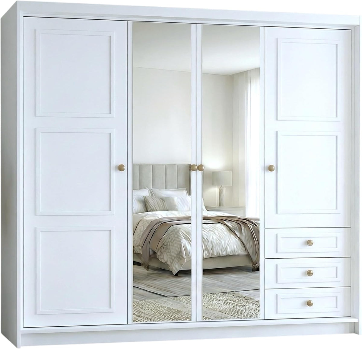 A und J MöbelLand Oslo Kleiderschrank 4-türig mit 3 Schubladen - 200 x 215 cm - Drehtürenschrank mit Kleiderstange und Einlegeböden, Modernes Design mit Metallgriffen
