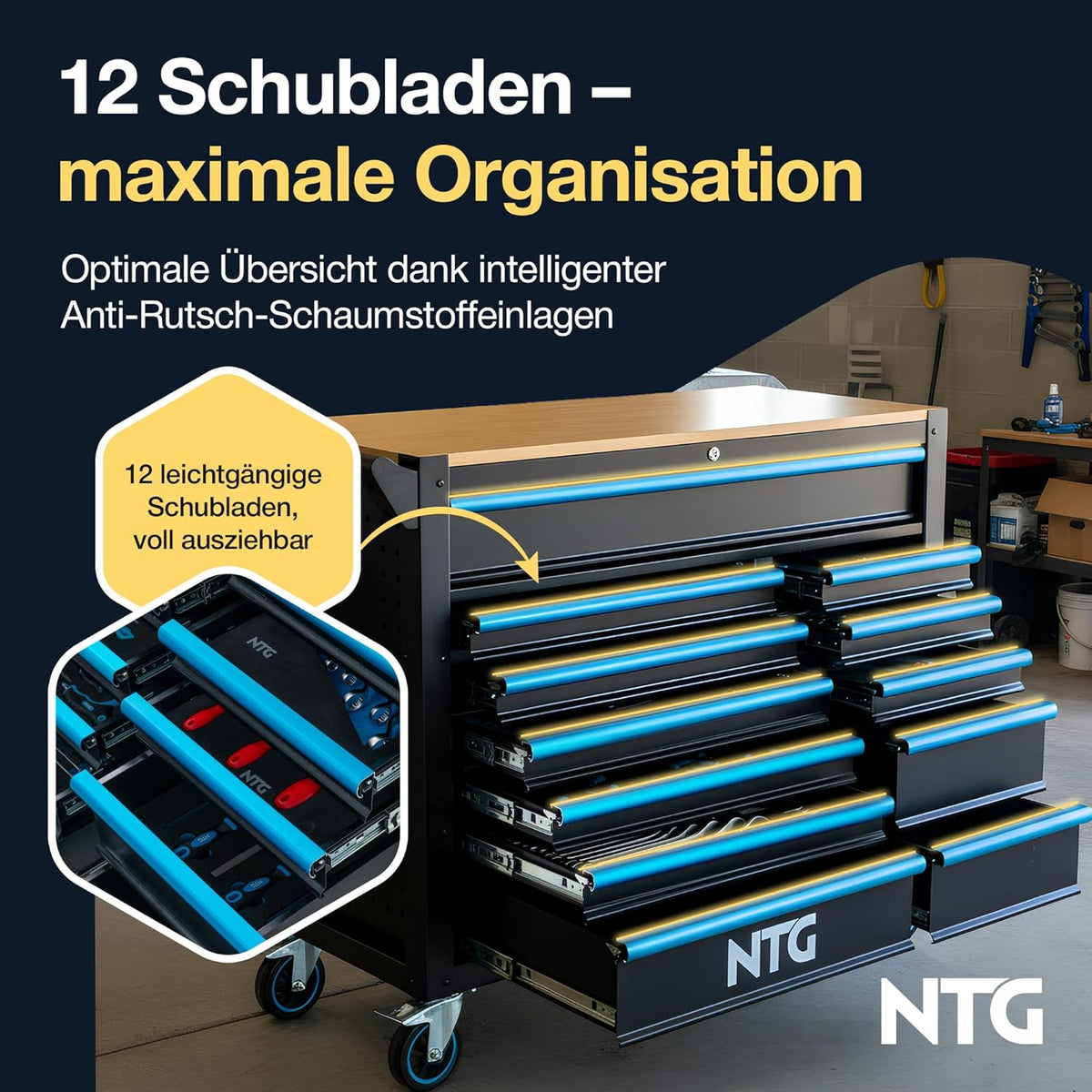NTG Werkzeugwagen XXL â€?471-tlg. bestückt â€?12 Schubladen mit Holzarbeitsplatte, abschließbar, mobil auf Rollen â€?Profi Werkstattwagen aus Metall für Garage & Werkstatt