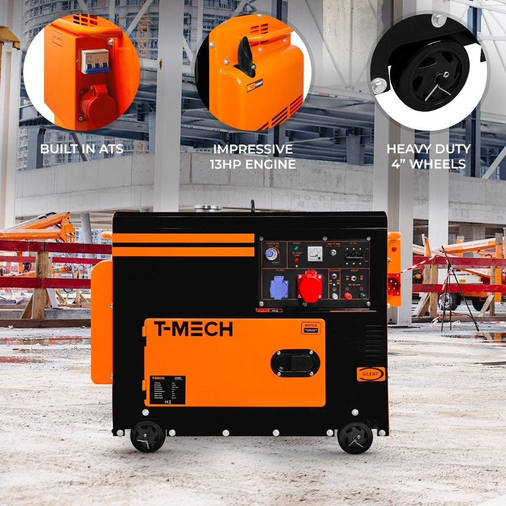 Leiser Dieselgenerator, dreiphasig, ATS, 6,5 kVA, 6500 W, 13 PS, 230 V, 400 V, Elektrostart, geschlossener Rahmen, Notfallstrom, 4 tragbare Räder, schwarzer pulverbeschichteter Stahl, 20 l