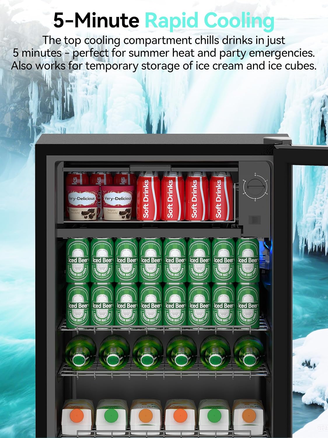 Devoko 93L Getränkekühlschrank für bis zu 130 Dosen, mit Glastür und LED-Innenbeleuchtung. Inklusive höhenverstellbarer Regale für Cola, Bier und Wein. Ideal für Haushalt und Büro in Schwarz.