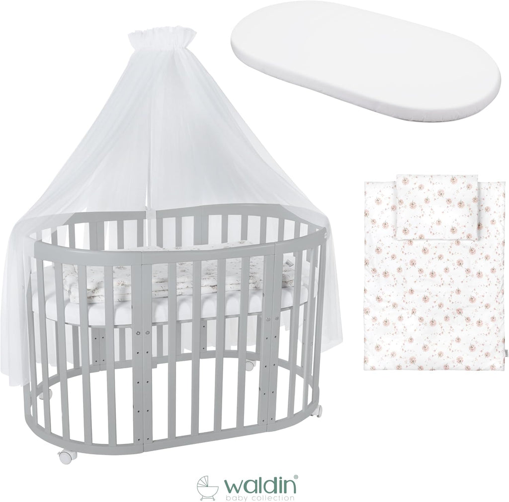 Waldin Oval Baby-Bett Mitwachsend Komplett Set 7in1, Gitterbett, Kinderbett mit Matratze, Wickelkommode, Beistellbett, Holz Weiß