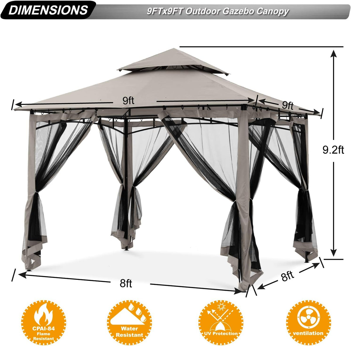 ABCCANOPY Pavillon 2.5x2.5m Wasserdicht Stabil Winterfest Gartenpavillon .Doppeldachweichdach Hinterhof-Partyzelt mit Netz für Schatten und Regen,Grau