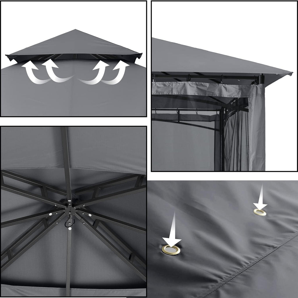 ABCCANOPY Pavillon 2.5x2.5m Wasserdicht Stabil Winterfest Gartenpavillon .Doppeldachweichdach Hinterhof-Partyzelt mit Netz für Schatten und Regen,Grau