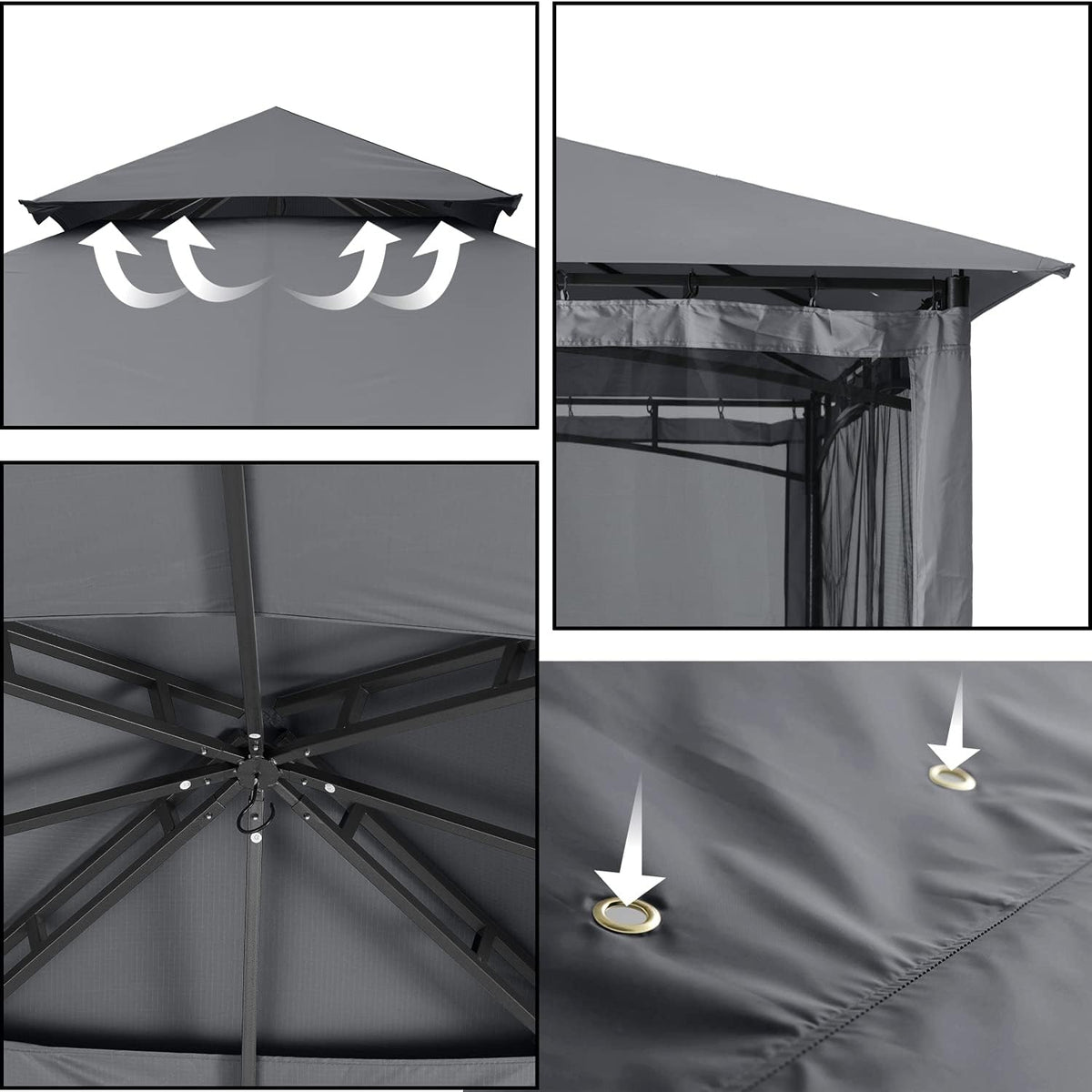 ABCCANOPY Pavillon 2.5x2.5m Wasserdicht Stabil Winterfest Gartenpavillon .Doppeldachweichdach Hinterhof-Partyzelt mit Netz für Schatten und Regen,Grau