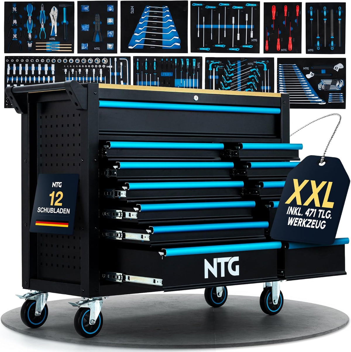 NTG Werkzeugwagen XXL â€?471-tlg. bestückt â€?12 Schubladen mit Holzarbeitsplatte, abschließbar, mobil auf Rollen â€?Profi Werkstattwagen aus Metall für Garage & Werkstatt