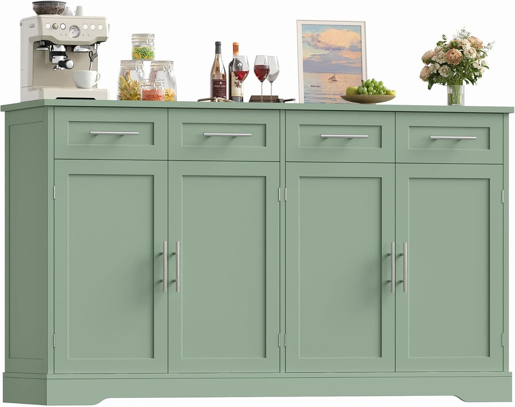 HOCSOK Sideboard, 150cm Breit Küchenschrank mit Arbeitsplatte, Kommode Küche mit 4 Türen und 4 Schubladen, Küchenbuffet Buffetschrank Anrichte mit Griffen für Wohnzimmer Küche Esszimmer