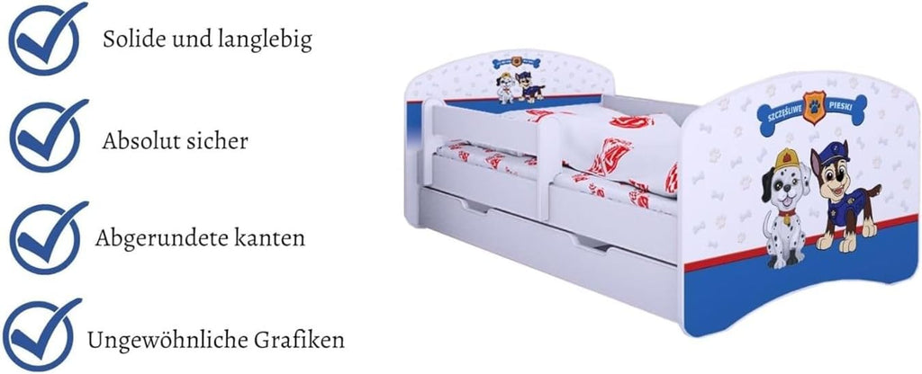 BDW Kinderbett Super Hunde - Babybett mit Matratze und Schublade - Bequem und Langlebig Rausfallschutz Bett - Kinderzimmer - Weiß (180x90)