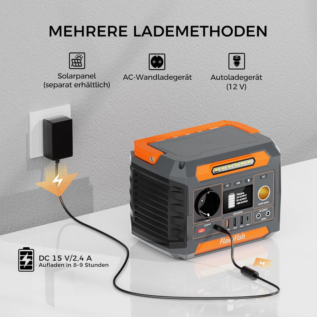 FlashFish 230Wh Tragbare Powerstation mit Solarpanel 60W, Solar Generator 300W(Spitze 600W) mit 2 DC-Anschlüsse, 4 USB-Anschlüsse, LED-Lichter, Notstromaggregat für Camping, Unterwegs,Stromausfälle