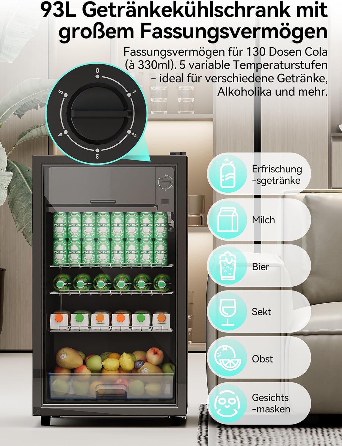 Devoko 93L Getränkekühlschrank für bis zu 130 Dosen, mit Glastür und LED-Innenbeleuchtung. Inklusive höhenverstellbarer Regale für Cola, Bier und Wein. Ideal für Haushalt und Büro in Schwarz.