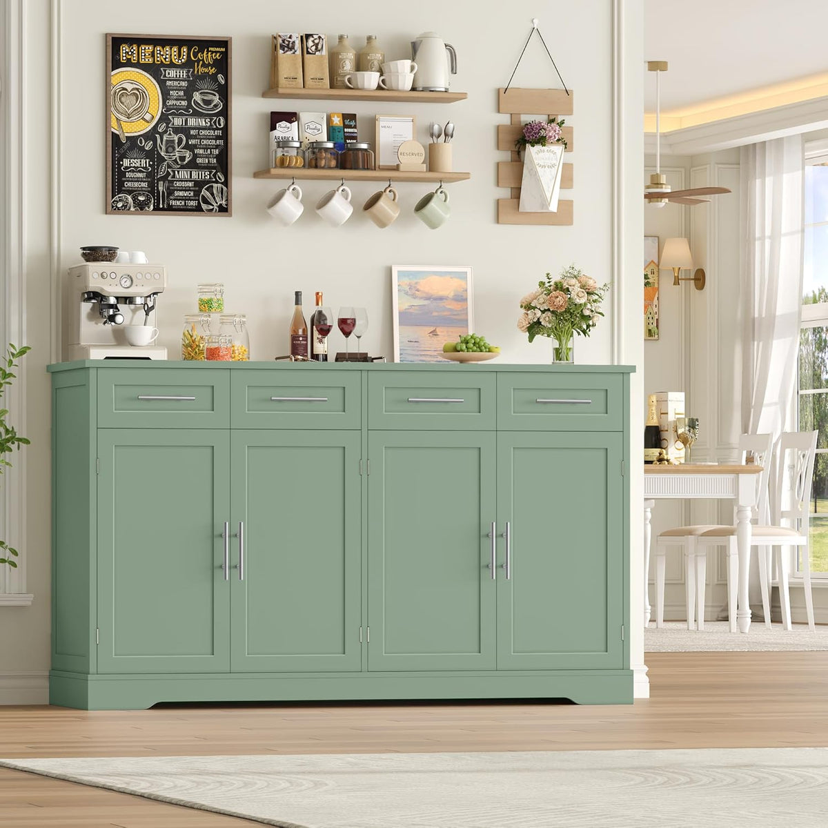 HOCSOK Sideboard, 150cm Breit Küchenschrank mit Arbeitsplatte, Kommode Küche mit 4 Türen und 4 Schubladen, Küchenbuffet Buffetschrank Anrichte mit Griffen für Wohnzimmer Küche Esszimmer