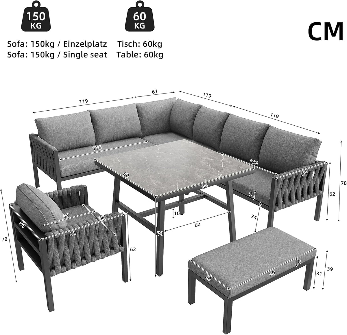Merax Gartenmöbel Set 8-9 Personen, Sitzgruppe Gartenlounge Set mit Kissen & Tisch, Outdoor Ecksofa-Set aus verzinktem Eisen, handgeflochten dickem Seil, Essgruppe für Garten Balkon Terrasse, Grau