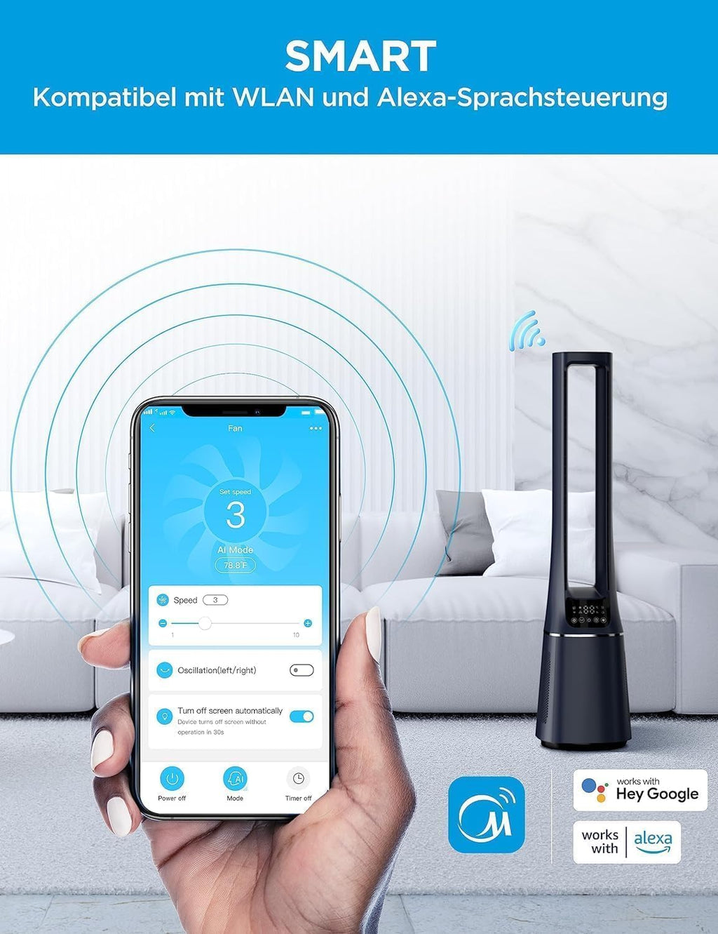 Midea MFP-120i (BL) 2 in 1 Turmventilator Leise 38dB Luftreiniger H13 True HEPA auf 47.6 ãŽ?LED Display Fernbedienung Oszillation 12H Timer Kompatibel für Wireless Connection App Alexa Google