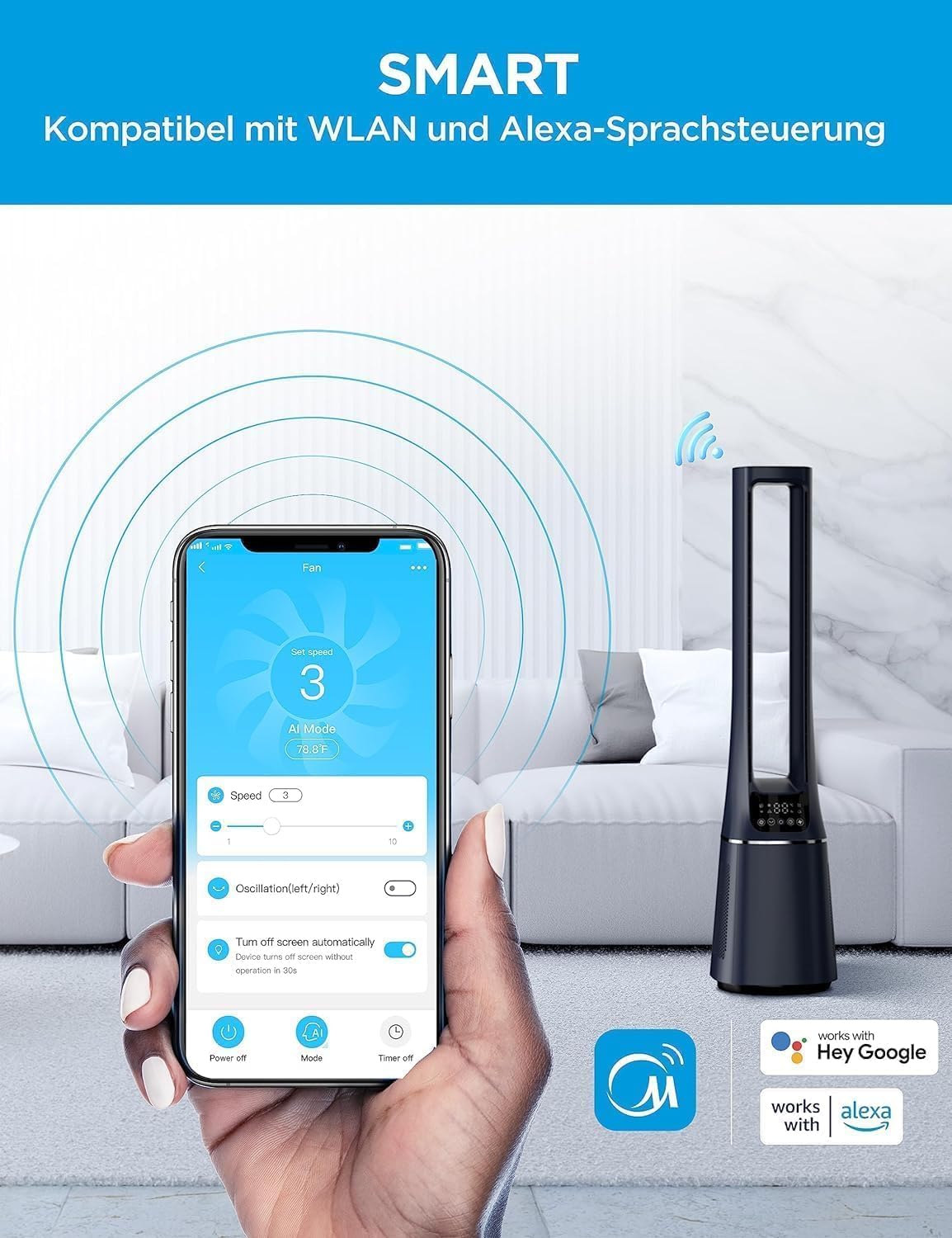 Midea MFP-120i (BL) 2 in 1 Turmventilator Leise 38dB Luftreiniger H13 True HEPA auf 47.6 ãŽ?LED Display Fernbedienung Oszillation 12H Timer Kompatibel für Wireless Connection App Alexa Google