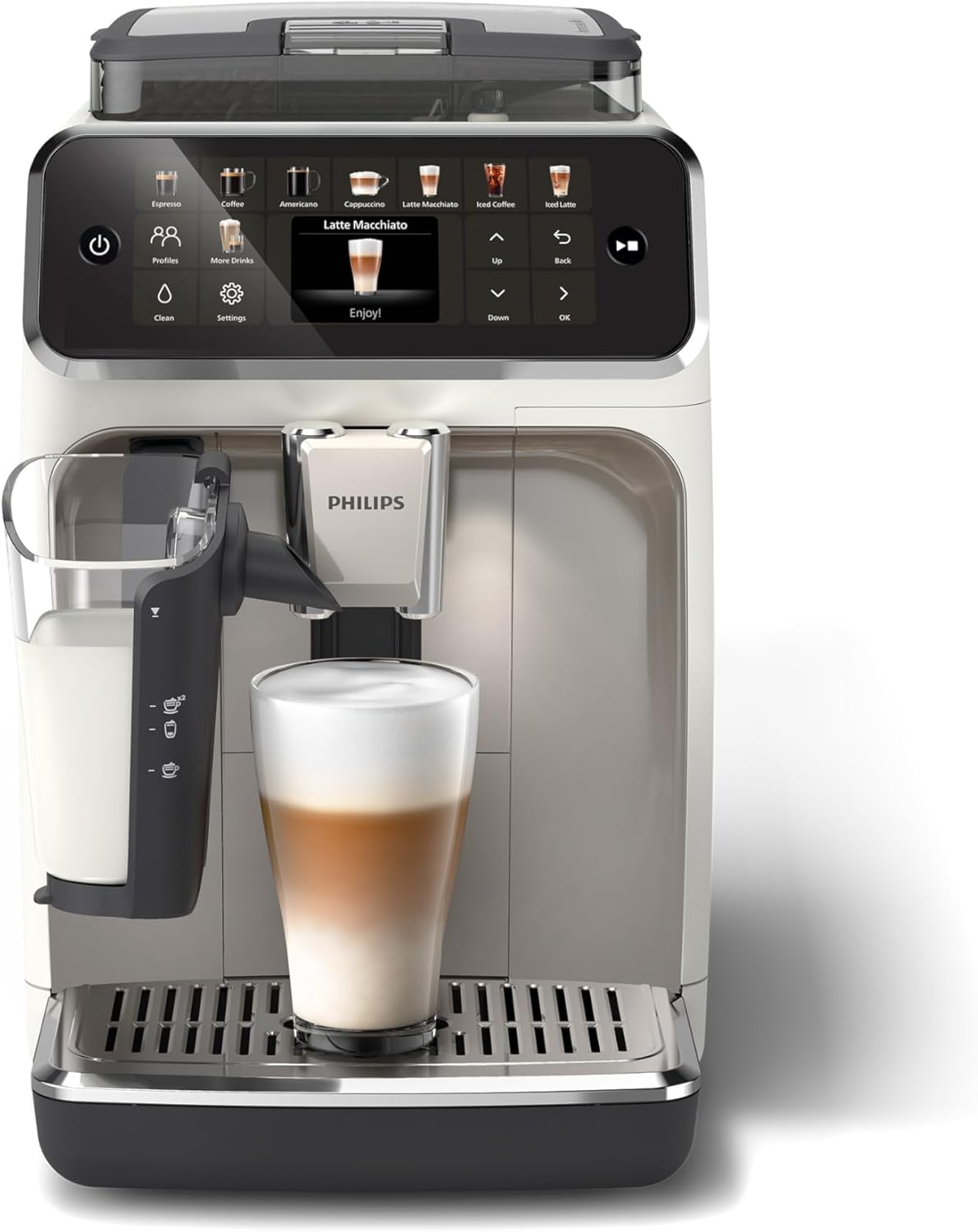 PHILIPS 5500 Series Kaffeevollautomat â€?20 Getränke, Modernes Farb-Touchdisplay, LatteGo-Milchsystem, SilentBrew-Technologie, 100% Keramikmahlwerk, QuickStart, 1,8L Wassertank, Weißchrom (EP5543/90)