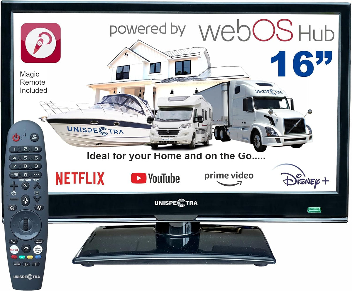 Unispectra® 16â€?Smart TV (webOS) Full HD 230V 24V Triple Tuner: Sat, Antenne, Kabel TV, 3xHDMI, 2xUSB, Magic Remote. 12V Fernseher für Wohnmobile, Wohnwagen, LKWs, Lieferwagen, Boote