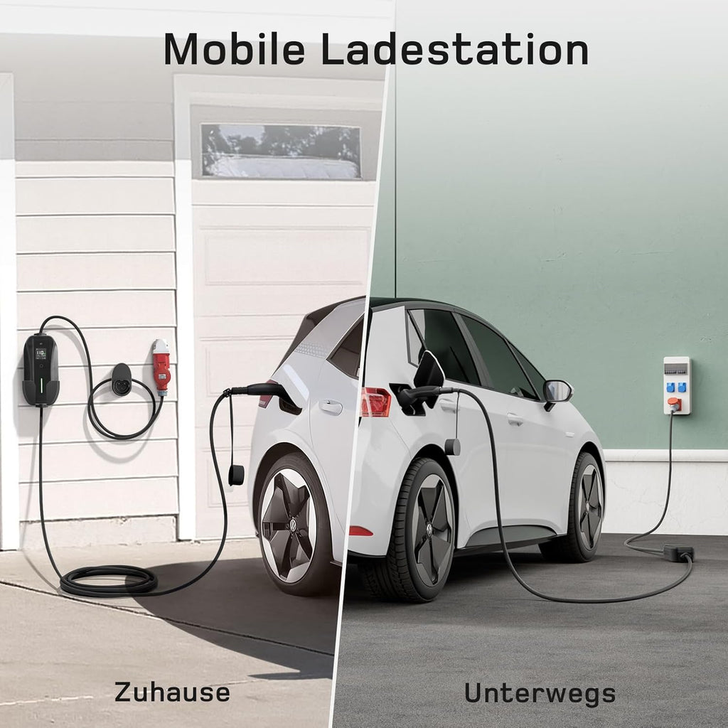 dé Mobile Wallbox/Ladestation 11kW 3-phasig|7m|6-16A mit Traveller Adapter Set, Ladekabel CEE 16A auf Typ 2 und EV Ladegerät für Model Y/3, ID.3/4/5, MG4, EX30, e-up, e-tron, Zoe und andere EV