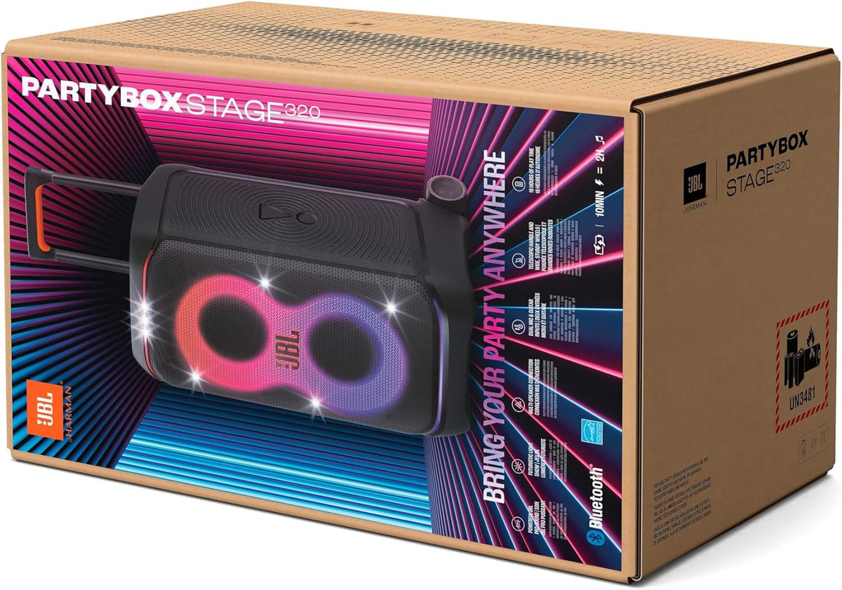 JBL Partybox Stage 120 in Schwarz â€?Tragbare Bluetooth-Lautsprecher-Box mit JBL Pro Sound, Lichtshow, KI-Sound-Boost und Teleskopgriff â€?12 h Laufzeit