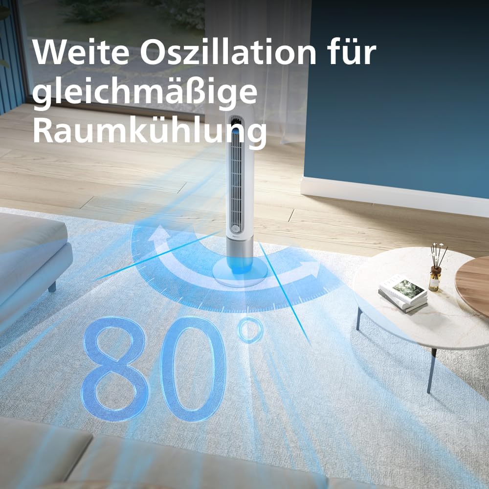 Philips Smarter Turmventilator 7000 Series â€?8,4 m/s stark, ultraleise 22 dB, energieeffizient, App & Fernbedienung, Wlan, 12 Stufen, Schlafmodus, Temp‑Anzeige, 12‑h Timer, 80° Oszillation (CX7550/00)