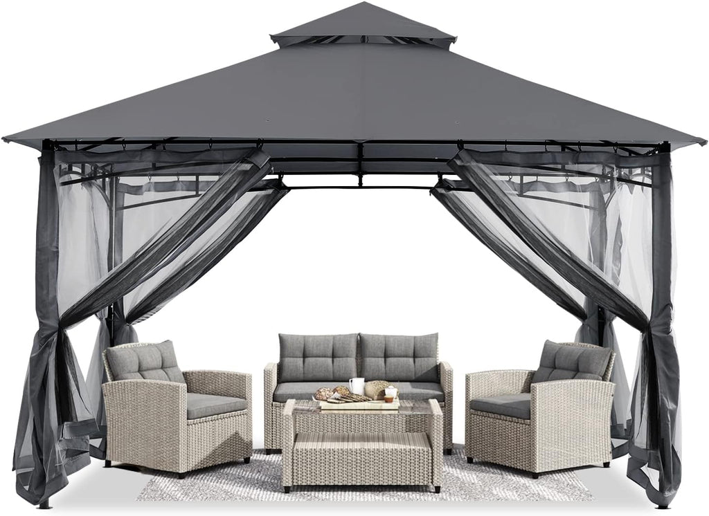 ABCCANOPY Pavillon 2.5x2.5m Wasserdicht Stabil Winterfest Gartenpavillon .Doppeldachweichdach Hinterhof-Partyzelt mit Netz für Schatten und Regen,Grau