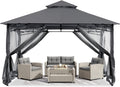 ABCCANOPY Pavillon 2.5x2.5m Wasserdicht Stabil Winterfest Gartenpavillon .Doppeldachweichdach Hinterhof-Partyzelt mit Netz für Schatten und Regen,Grau