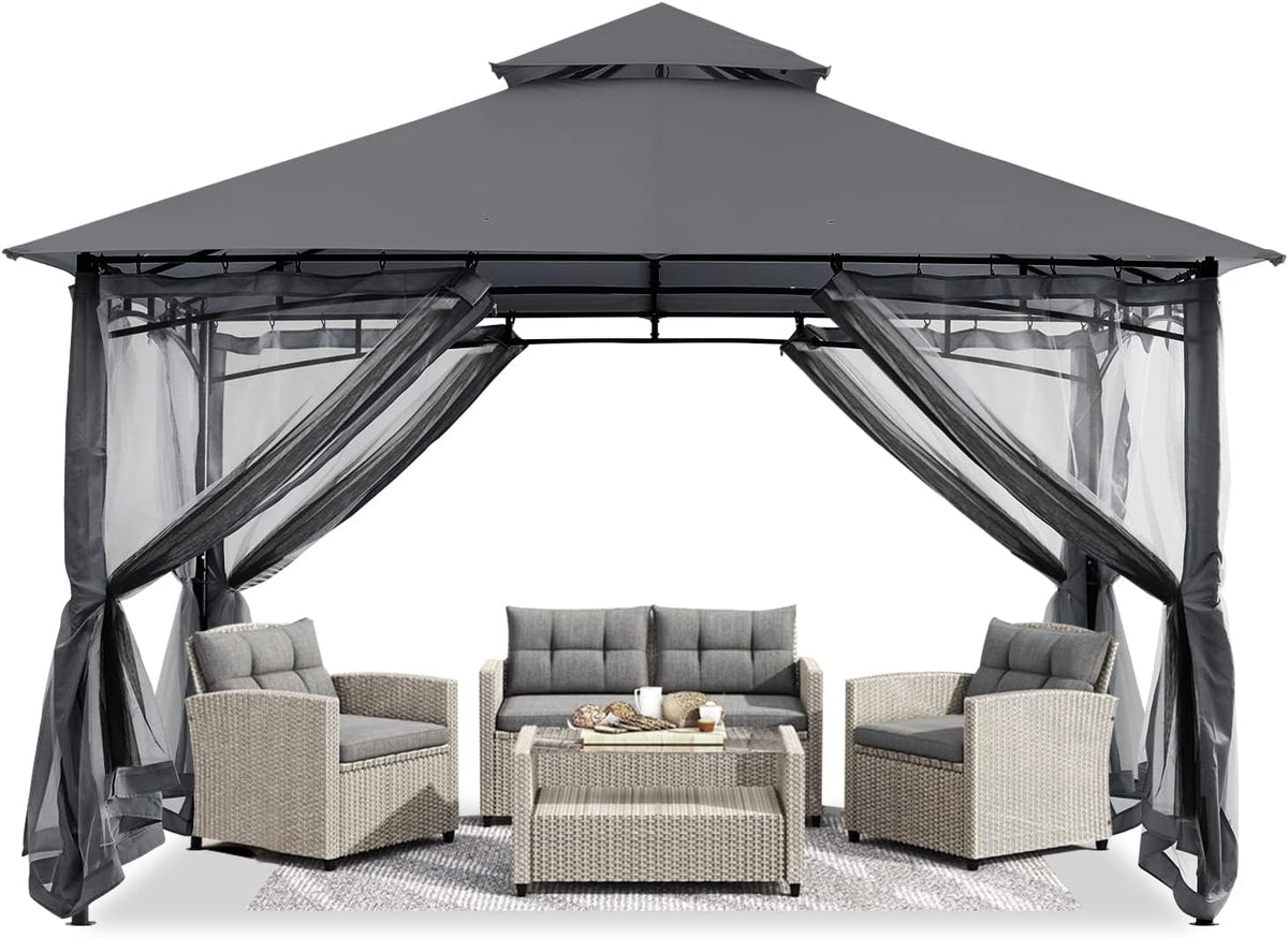 ABCCANOPY Pavillon 2.5x2.5m Wasserdicht Stabil Winterfest Gartenpavillon .Doppeldachweichdach Hinterhof-Partyzelt mit Netz für Schatten und Regen,Grau