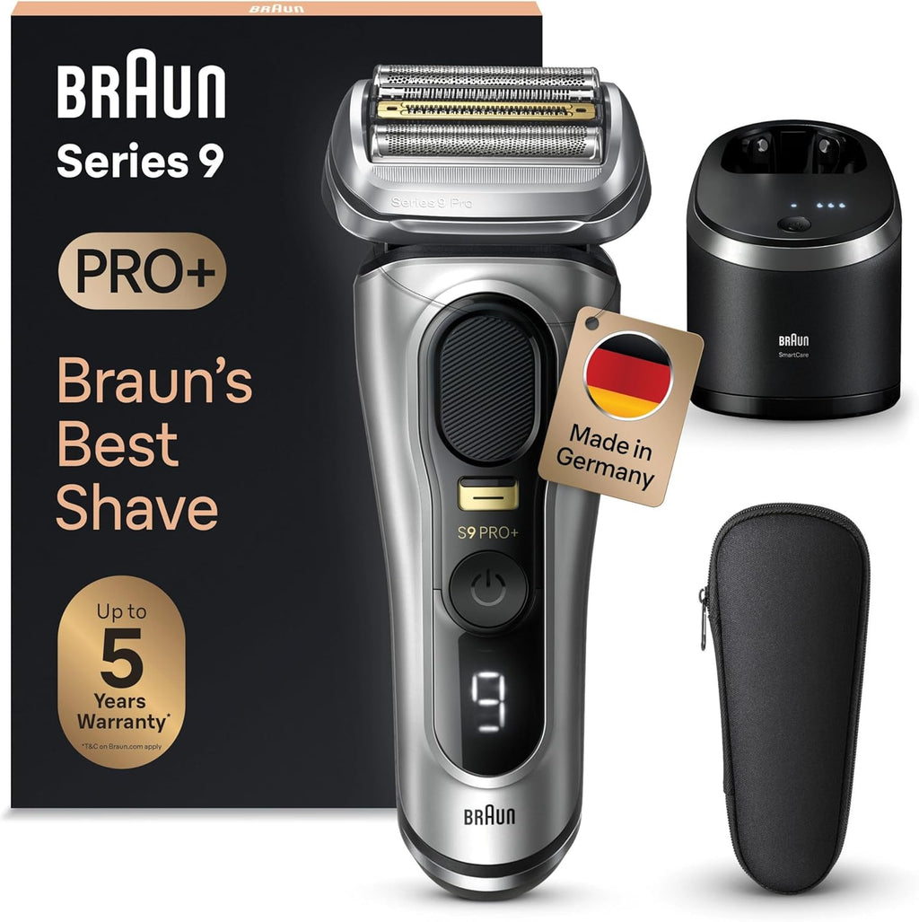 Braun Series 9 Pro+ Rasierer Herren Elektrisch, Elektrorasierer mit 5 Pro Rasierelementen, Rasierapparat ProTrimmer & Reinigungsstation, 60 Min Laufzeit, Made in Germany, 9567cc, Silber