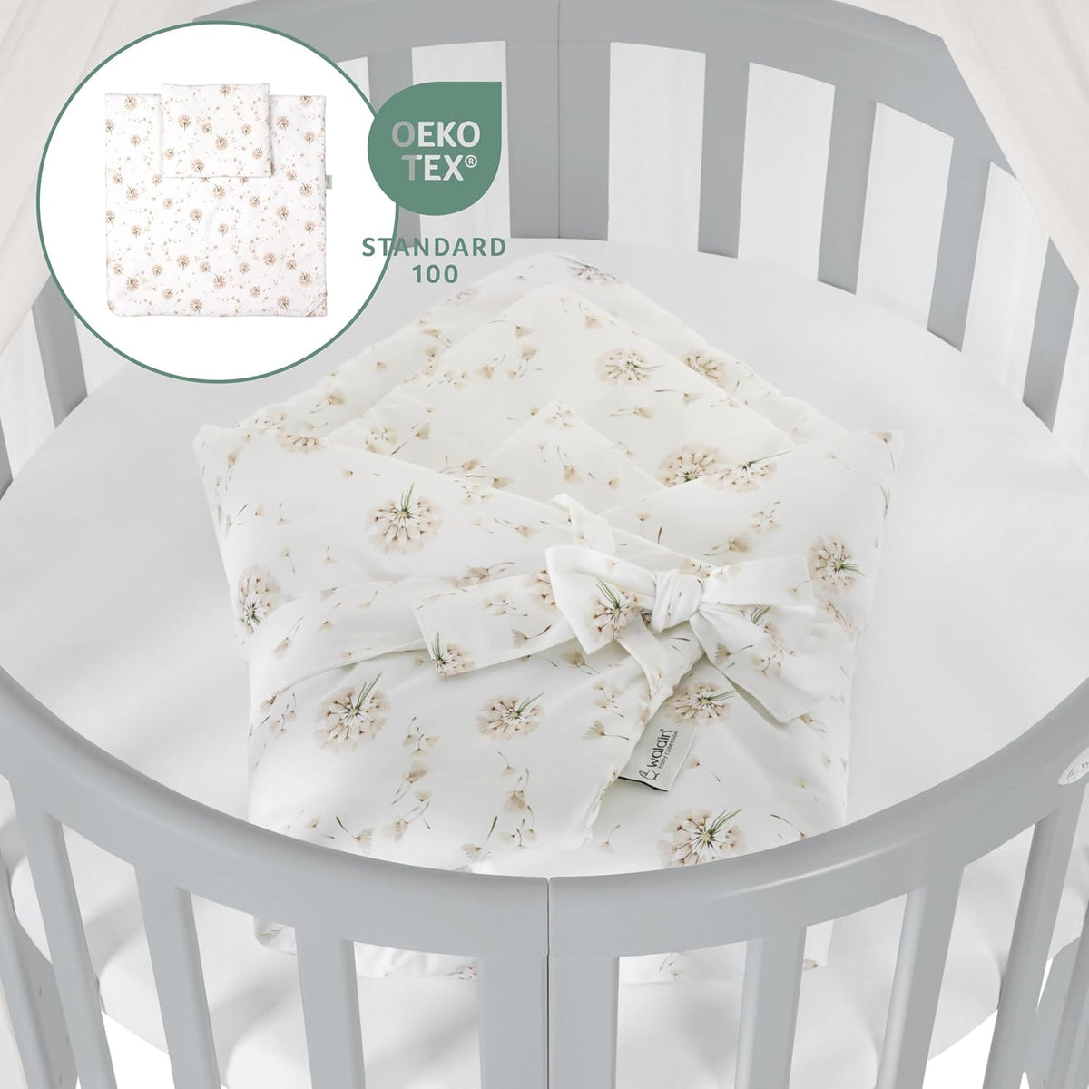 Waldin Oval Baby-Bett Mitwachsend Komplett Set 7in1, Gitterbett, Kinderbett mit Matratze, Wickelkommode, Beistellbett, Holz Weiß