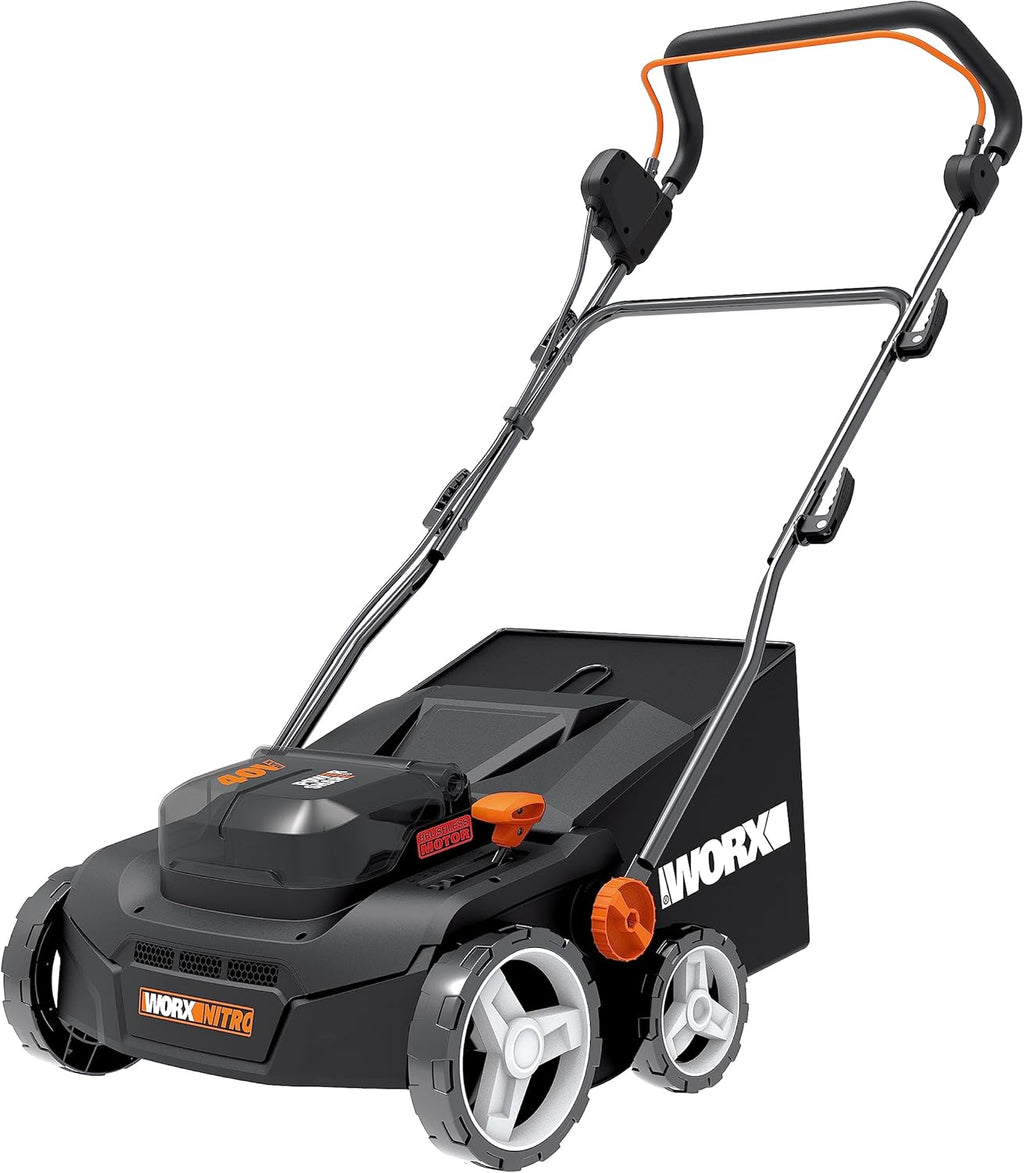 WORX Nitro Akku Vertikutierer  und  Rasenlüfter WG855E.9 - bis zu 400 m2 - Rechenbreite Arbeitsbreite 36 cm - bürstenloser Motor - 4 Stufe Höhenverstellung - inkl. 40 L Grasbeutel - ohne Akku  und  Ladegerät