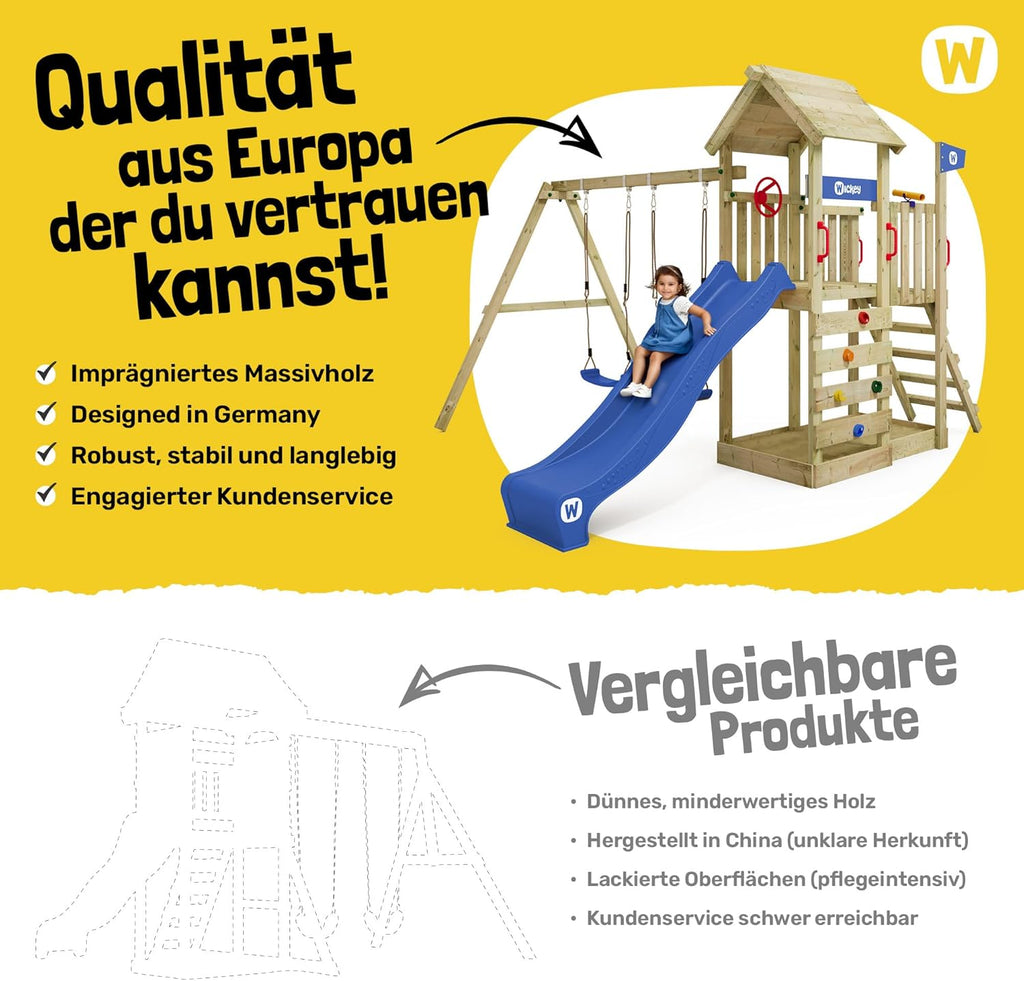 WICKEY Spielturm Klettergerüst MultiFlyer mit Holzdach, Schaukel & pastellgrüner Rutsche, Outdoor Kinder Kletterturm mit Sandkasten, Leiter & Spiel-Zubehör für den Garten