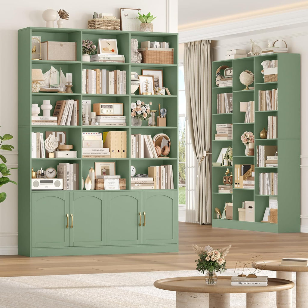 FirFurd 209 cm Bücherregal mit Türen Bücherschrank mit 15 Fächern Vitrinenschrank Hochschrank Holz Mehrzweckschrank groß für Wohnzimmer Arbeitszimmer Küche 150 x 23,7 x 209 cm Grün